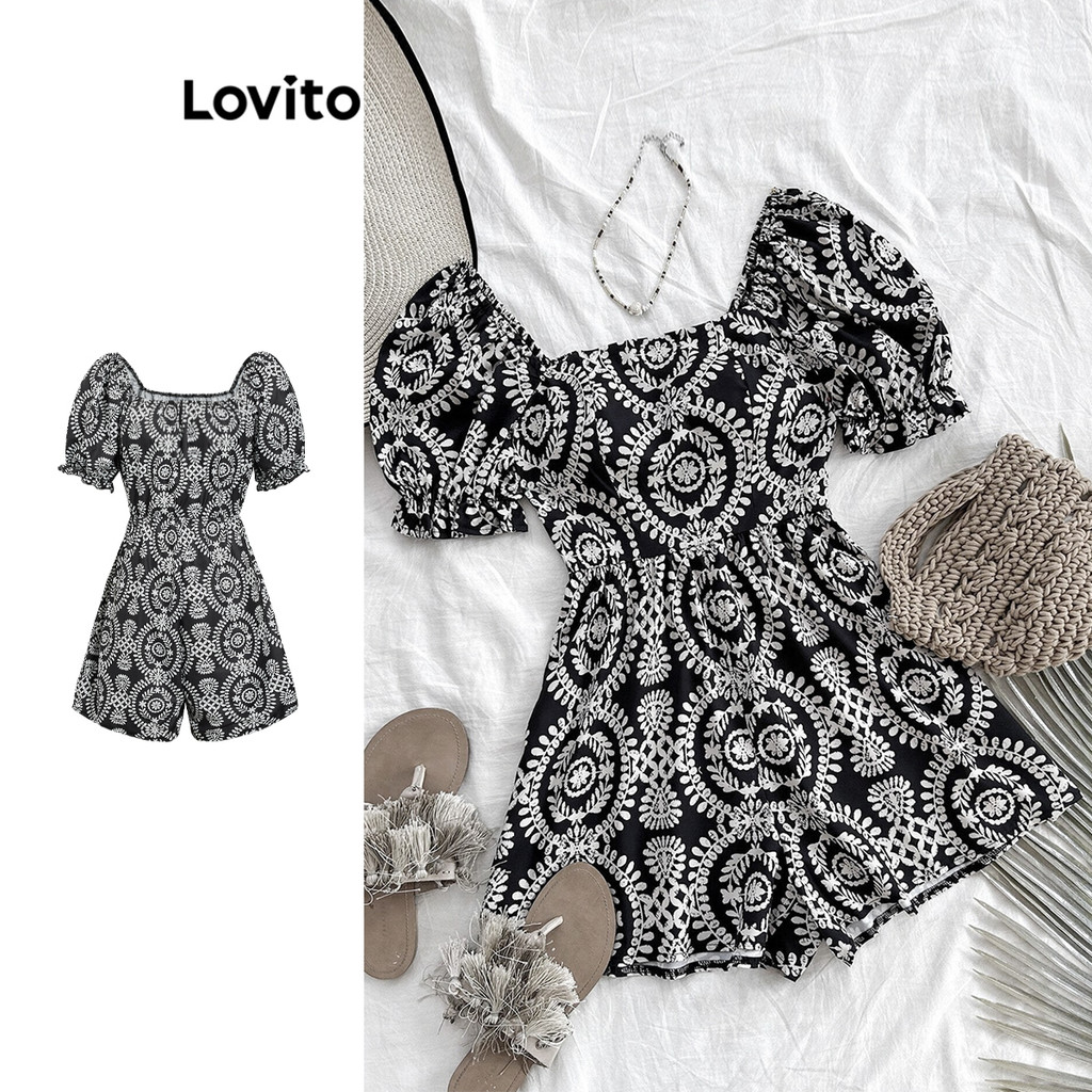 Lovito จั๊มสูทซิปลายดอกไม้ โบฮีเมียนลายเดซี่ลายดอกไม้สำหรับผู้หญิง L104ED133