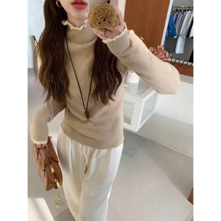 ครึ่งคอเต่าลูกไม้ขอบเสื้อกันหนาวผู้หญิงสไตล์ใหม่ด้านในบางพอดี ผอมลง ดู