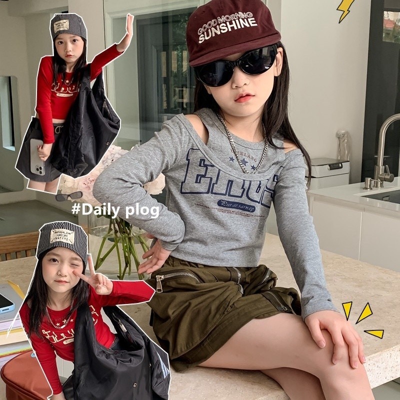 สาวอเมริกันแขนยาวสีทึบสั้นหวานเสื้อผ้าเด็กพิมพ์เสื้อยืด