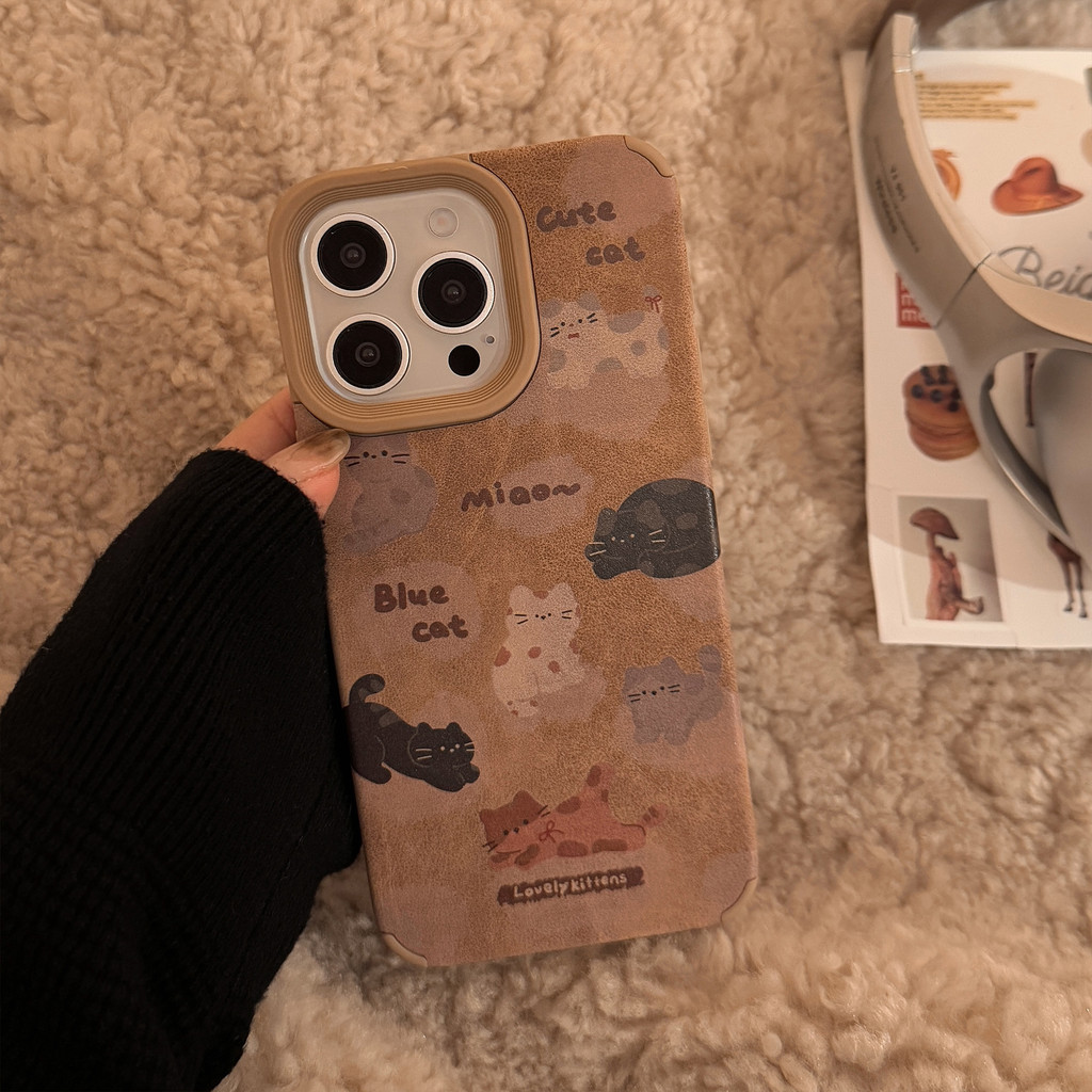 รูขนาดใหญ่สีกากีเต็มหน้าจอแมวขนาดเล็กป้องกันเคสโทรศัพท์tpuสําหรับapple iphone 11 12 13 14 15 16 pro max plus