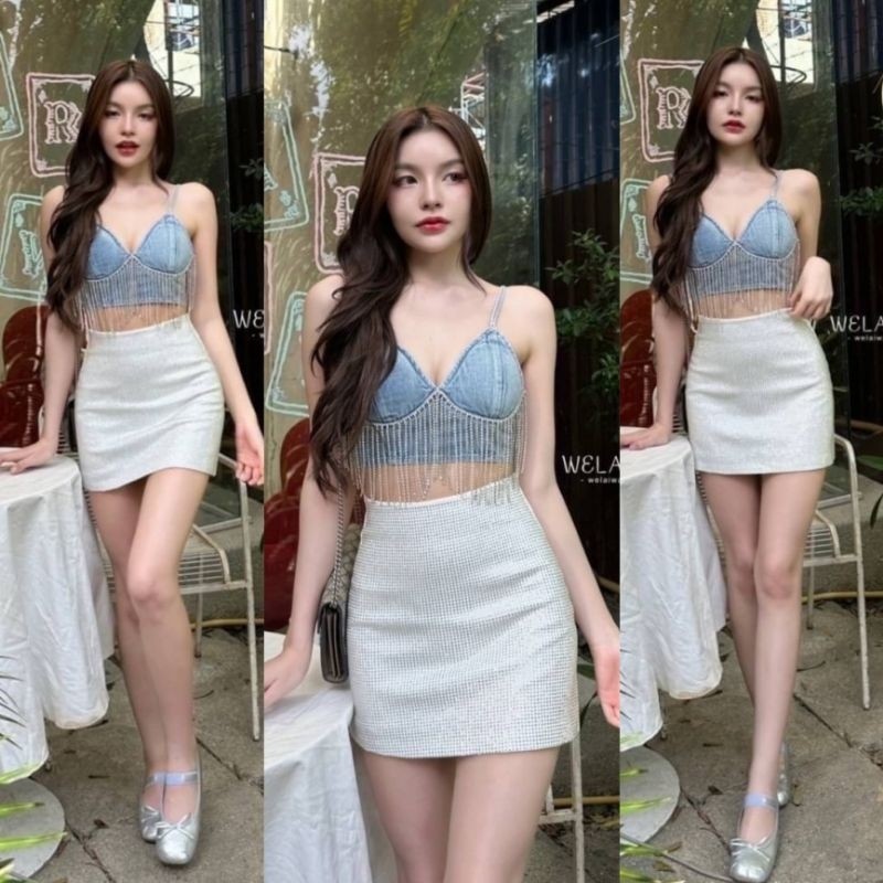 <พร้อมส่ง> WELAIWAN22 ชุดเซทเสื้อยีนส์กระโปรง ชุดนี้อะไหล่สวยอะไหล่แพงเว่อร์เป็นงานแฮนเมดปราณีตสุด Q.