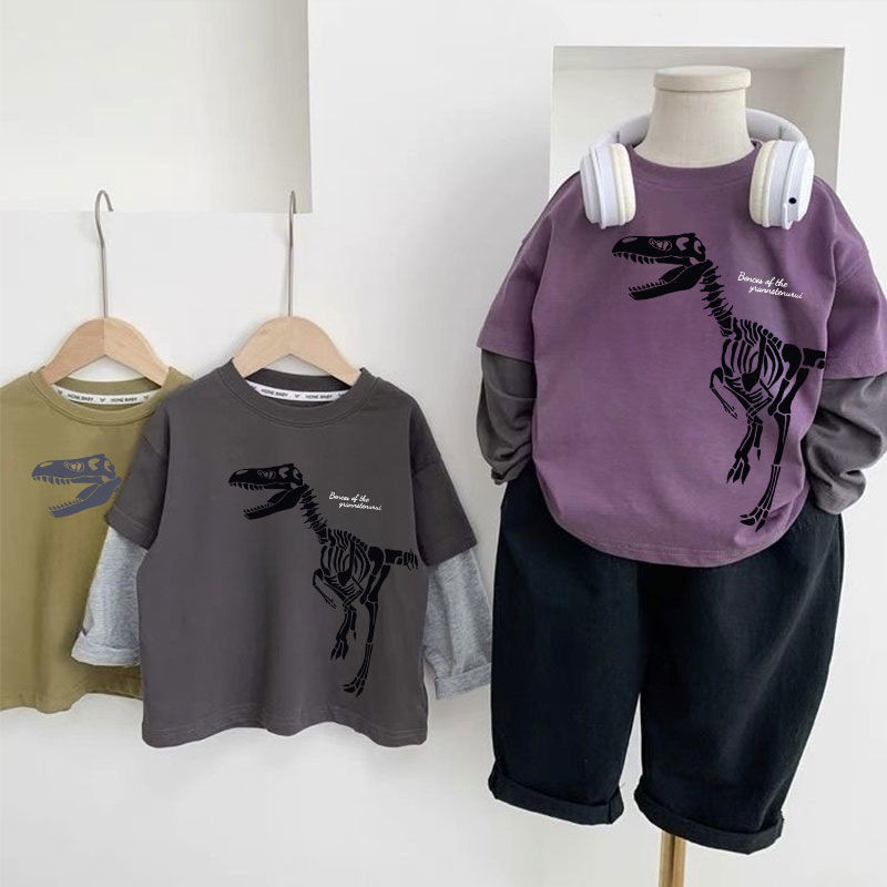 ผ้าฝ้ายชายเสื้อยืดแขนยาวปลอมสองชิ้นไดโนเสาร์ปลอม 2024 ใหม่เสื้อฐาน