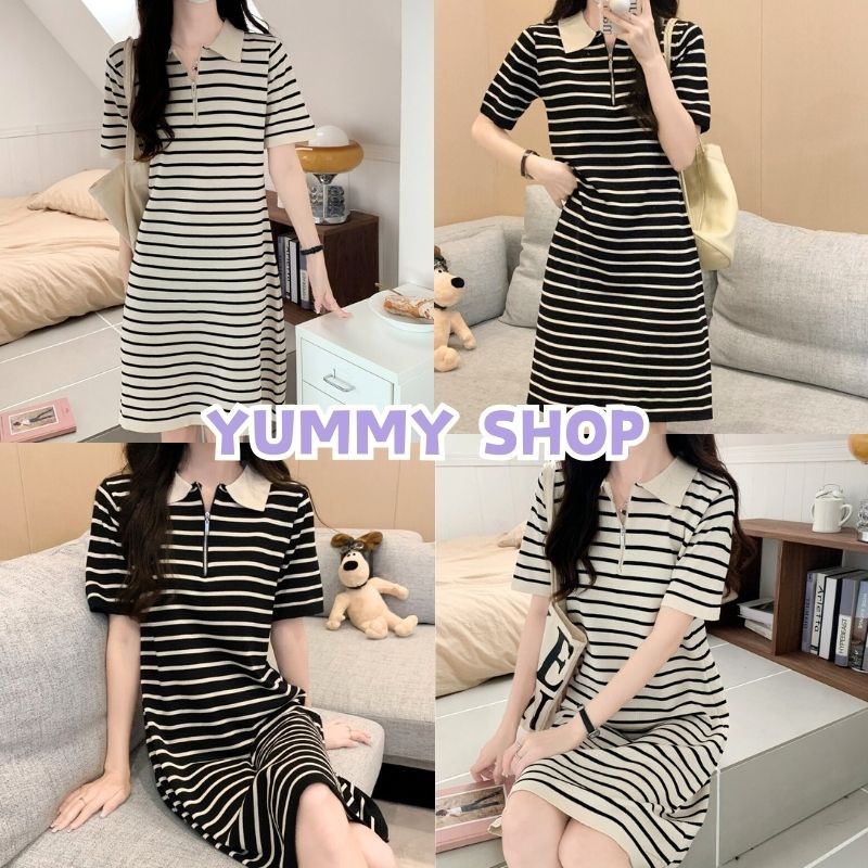 🎀Yummy Shop🎀พร้อมส่ง【28070】 ชุดเดรสไหมพรมคอปกแขนสั้น ดีเทลซิปด้านหน้าลายทางกระโปรงบานน่ารัก