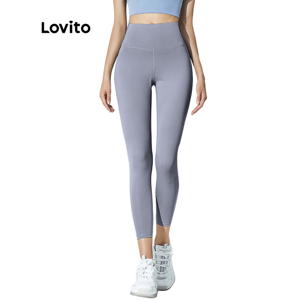Lovito กางเกงโยคะ เล่นกีฬา เอวสูง สีพื้น L02044 (ฟ้าอ่อน/ชมพู/ดำ/น้ำเงินเข้ม/เทา/เขียว/ม่วง )