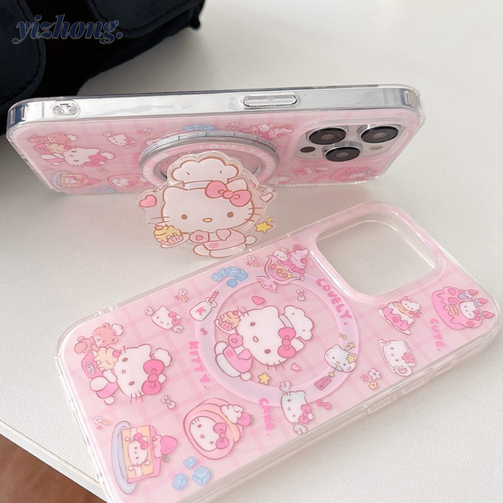 ปลอกสําหรับ iPhone 17 16 Pro Max 15 14 13P 12 ไร้สายชาร์จ Girly สีชมพู Cook Hello Kitty รูปแบบ TPU เคสโทรศัพท์แม่เหล็กดึงดูดขาตั้ง Anti-scratch ฝาครอบเกราะป้องกัน