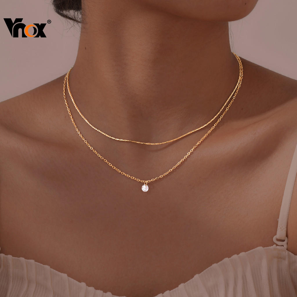 Vnox Double-layer Chains Choker สร้อยคอ CZ Zircon Cubic จี้สร้อยคอสําหรับผู้หญิงเครื่องประดับ
