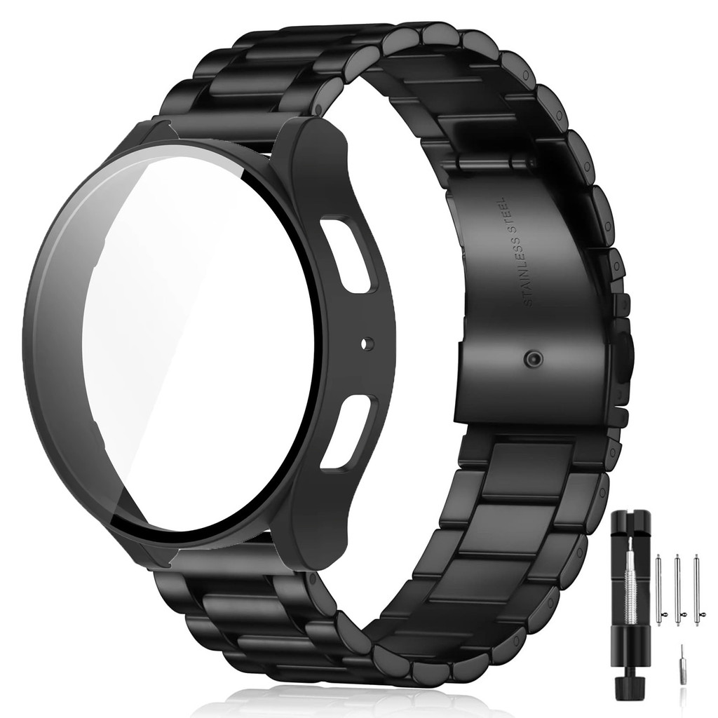สายนาฬิกาสแตนเลสและเคสป้องกันสําหรับ Samsung Galaxy Watch 7 FE 6 5 4 (44 มม./40 มม.) สายนาฬิกาทดแทน เคสกระจกนิรภัยกันรอยขีดข่วนเหมาะสําหรับคู่รัก