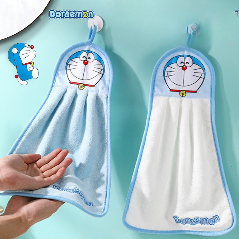 ผ้าเช็ดมือโดราเอมอนแบบแขวนดูดซับห้องครัวขนแกะปะการังเย็บปักถักร้อยผ้าเช็ดมือการ์ตูนหนา