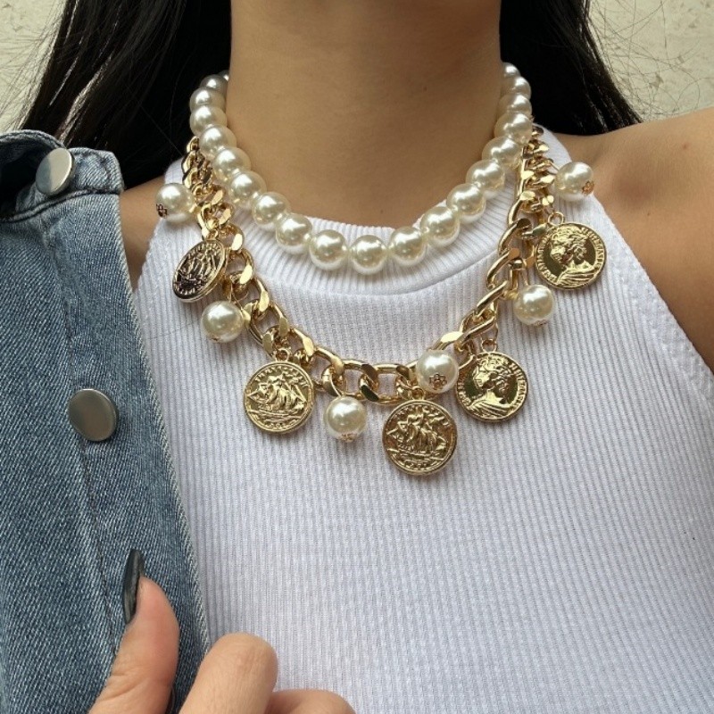 1 ชิ้น Retro ภาพเหรียญ queen relief จี้พู่ double-layer pearl Clavicle chain