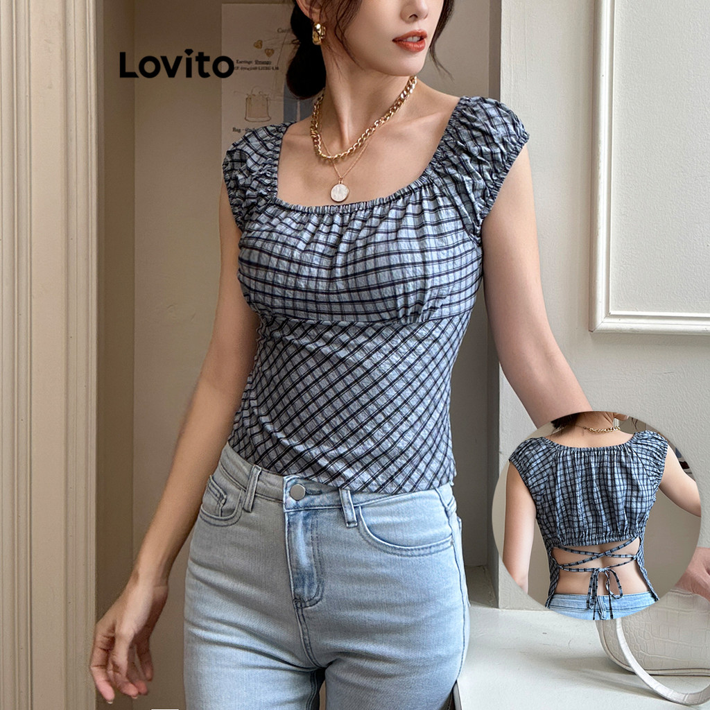 Lovito เสื้อเบลาส์ผูกโบว์หลังสุดน่ารักสำหรับผู้หญิง L108ED1227