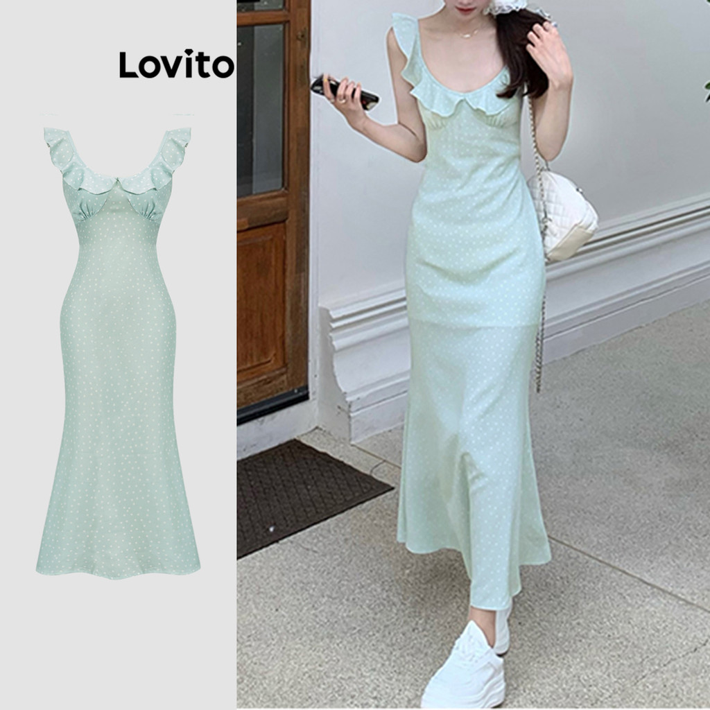 Lovito ชุดเดรสลายจุดระบายหรูหราสำหรับผู้หญิง L108ED1088