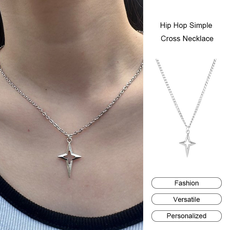 ในไทย✨Hip Hop Simple Cross สร้อยคอ Punk บุคลิกภาพคู่สร้อยคอสร้อยคอลมเย็นCOD