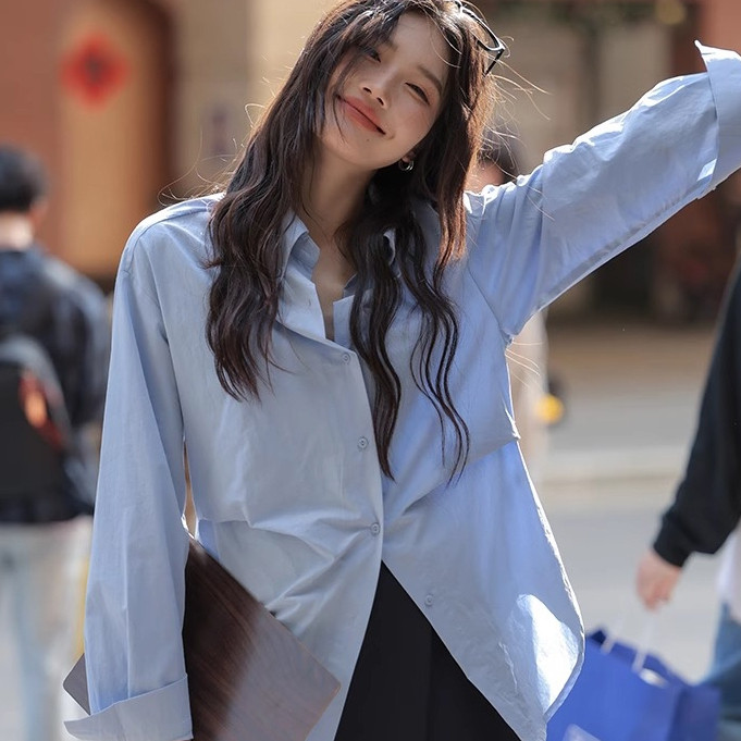 เสื้อเชิ้ตผู้หญิงคอปกแขนยาว CTB2000 มินิมอลน่ารักๆฟรีไซส์ รอบอก44 สไตล์สาวอ๊อฟฟิต ทรงโอเวอร์ไซส์สำหร