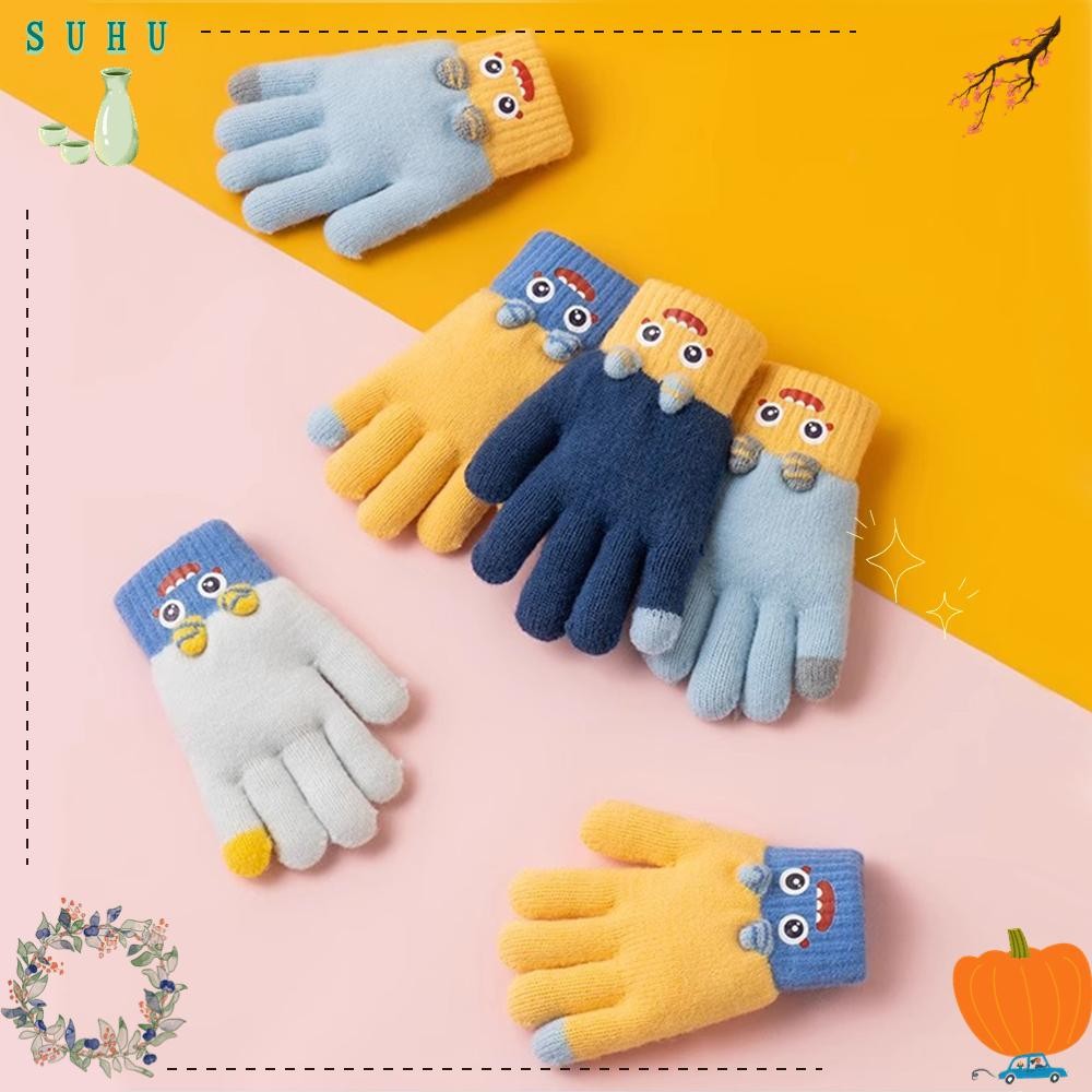 Suhu Kids Full Finger Gloves, Soft Stretch Winter Warm Childrens Gloves, Cartoon Thicken Knit Mittens for Boys Girls Outdoor