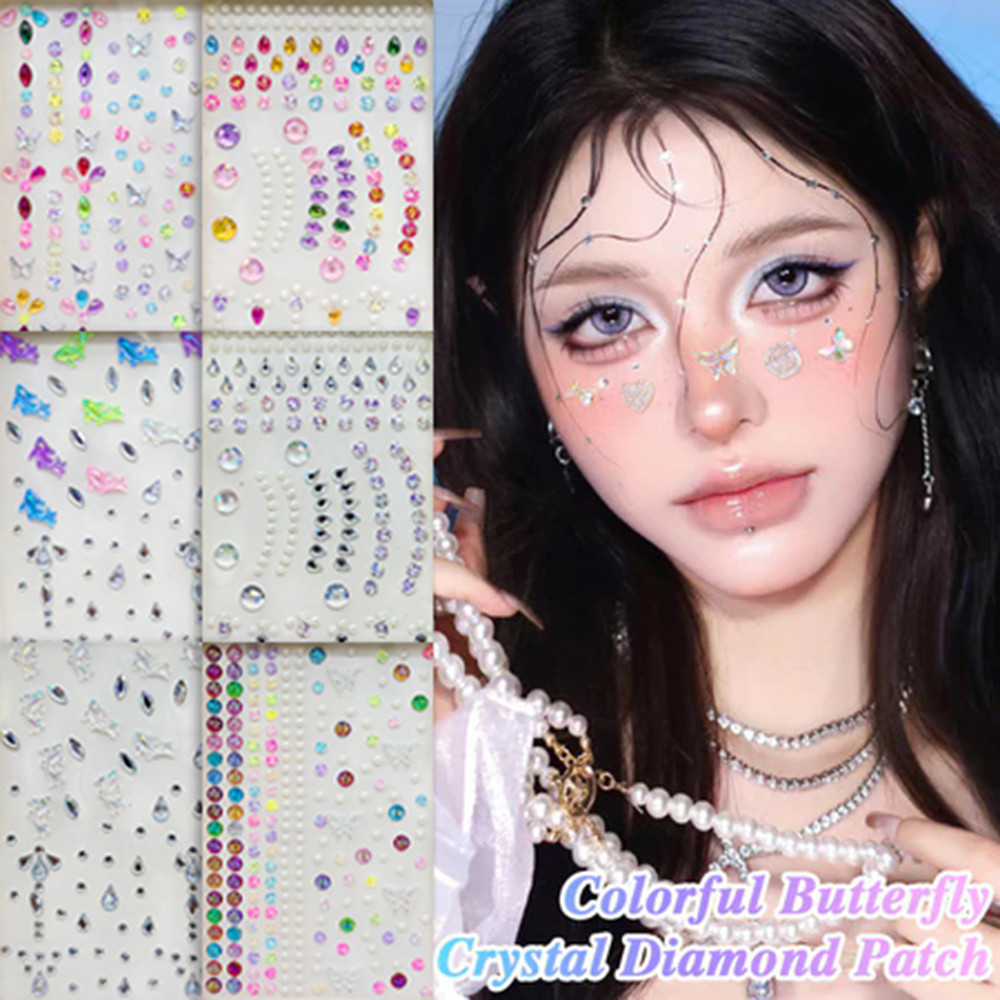สติ๊กเกอร์รอยสัก Face Rhinestone Self-กาว 3D ผีเสื้อผสมสี Fairy สี DIY