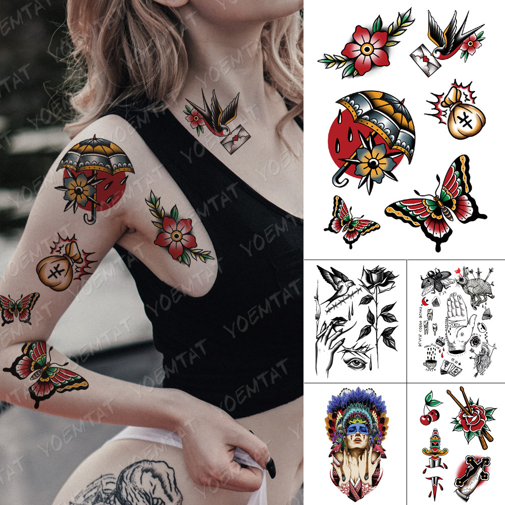 กันน้ําชั่วคราวสติกเกอร์รอยสัก Old School ผีเสื้อ Swallow Flash Tattoos Rose ดาบ Body Art แขนปลอม Tattoo ผู้หญิงผู้ชาย