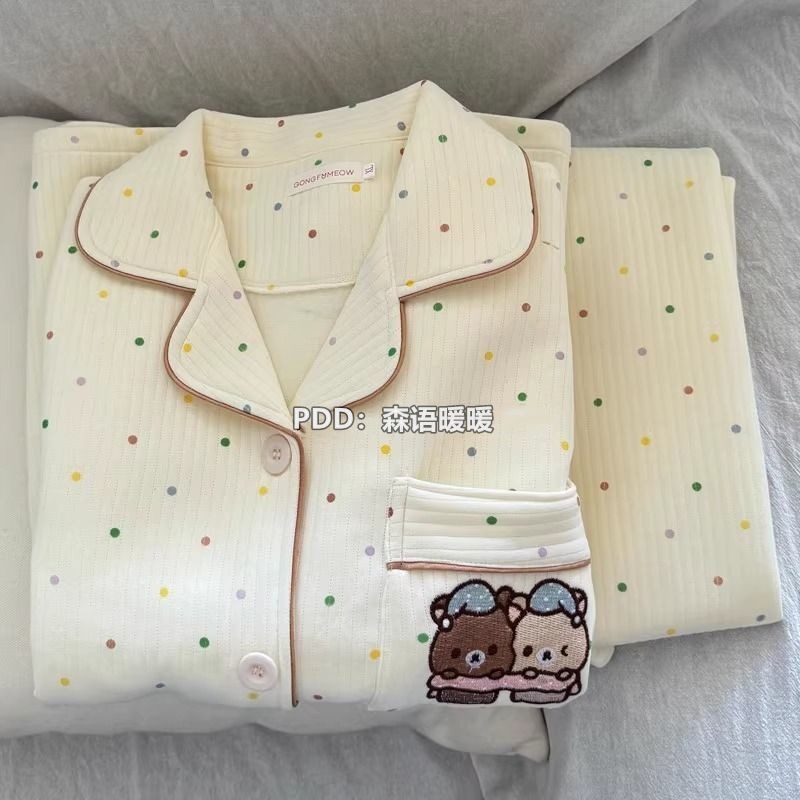 FDS ใหม่ INS ชุดนอนผ้าฝ้ายอากาศแซนวิชสำหรับผู้หญิงรุ่นฤดูใบไม้ร่วงและฤดูหนาวเพิ่มความหนาและหวานการ์ตูนลายจุดหมีชุดบริการที่บ้าน