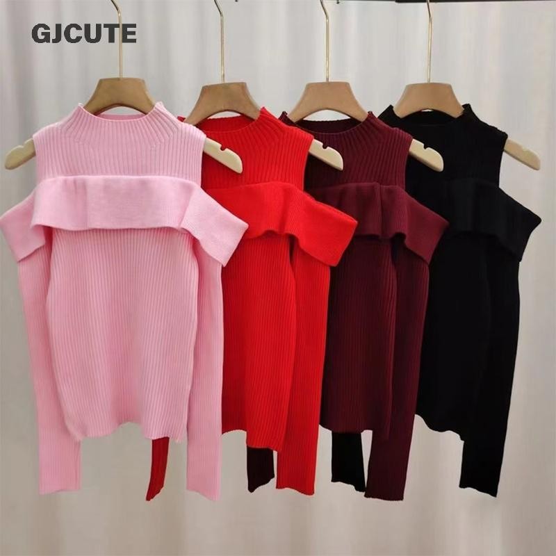 Gjcute เกาหลีครึ่งคอเต่า Ruffle Off-ไหล่แขนยาว Slim ถักเสื้อกันหนาวสําหรับผู้หญิง WTD - รูปที่ 6