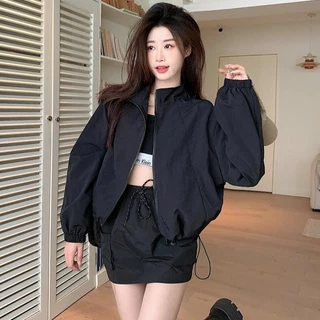 cherryshop พร้อมส่ง แจ็คเก็ตกันแดดกันแดดสั้นแฟชั่นสําหรับผู้หญิงรุ่นเกาหลี การออกแบบซิปและเชือกผูก ทรงสวย สุดฮิต