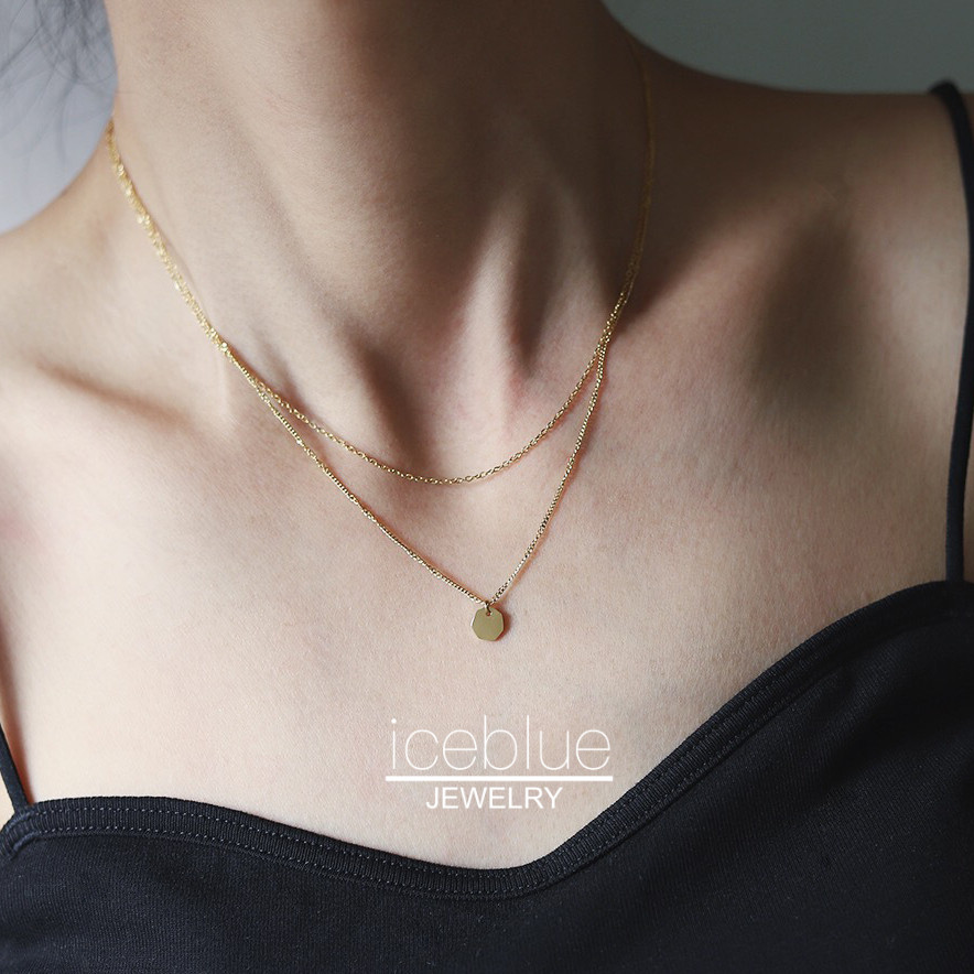 Iceblue-Double Layerสร้อยคอจี้หกเหลี่ยม 2 in 1 18K Gold Plated Titanium Steel Non Tarnish Gold สร้อยคอผู้หญิง N135