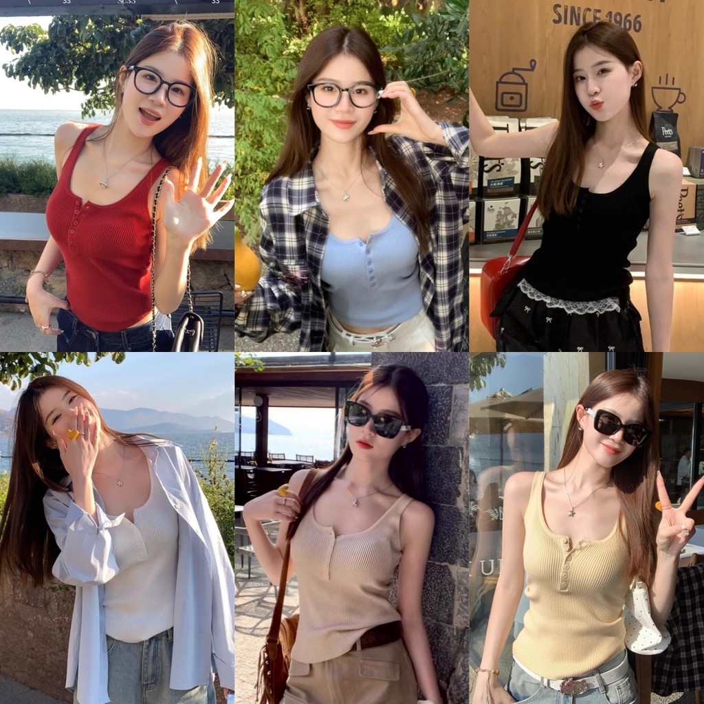 💖Bonnie💖เสื้อแขนกุด ผู้หญิง สีพื้น เข้ารูป เสื้อกล้าม ไหมพรม ผ้าร่อง สีพาสเทล สไตล์ลำลอง พร้อมส่ง#M0360