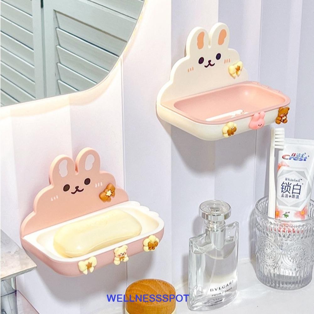 WELLNESSSPOT กล่องสบู่ติดผนังกระต่ายการ์ตูนพร้อมชั้นวางสบู่ฟรีหมัดไม่มีการเจาะแบริ่งที่แข็งแกร่งติดตั้งง่ายที่ใส่จานสบู่อุปกรณ์ห้องน้ํา