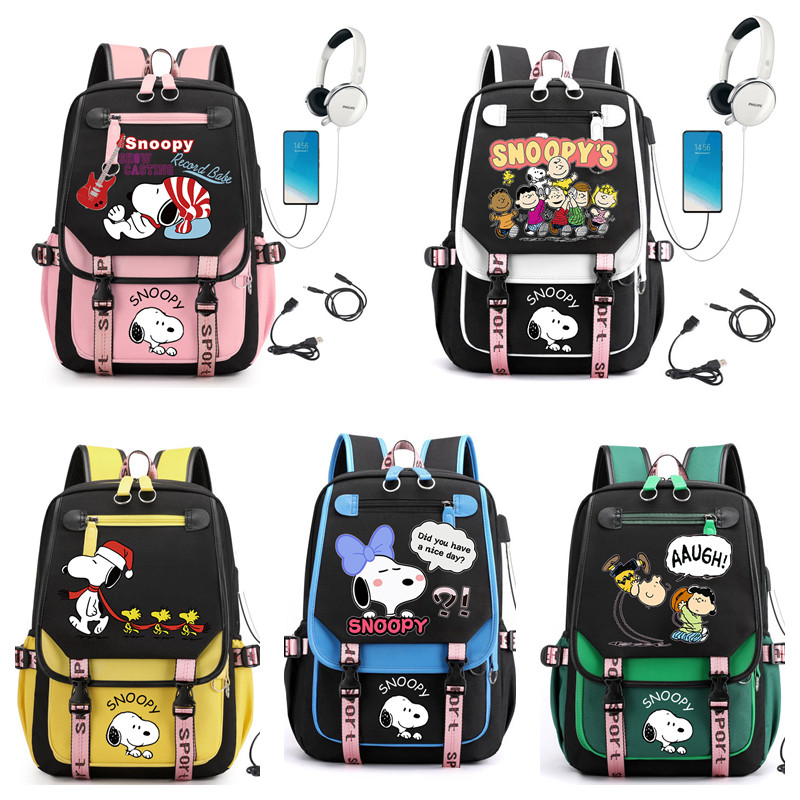 Anime Snoopy Backpack Student School Bag Laptop Bagpack Travel Bag (อินเทอร์เฟซ USB และหูฟัง)