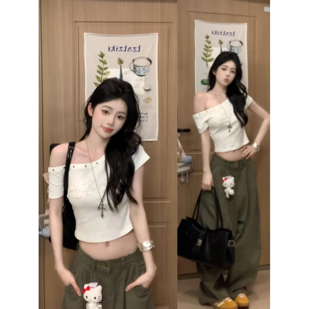 40s เสื้อยืดผ้าฝ้ายแท้ 95% ผ้าฝ้าย 5% สแปนเด็กซ์ ประดับคริสตัล แบบไม่สมมาตร สำหรับผู้หญิง แบบเข้ารูป