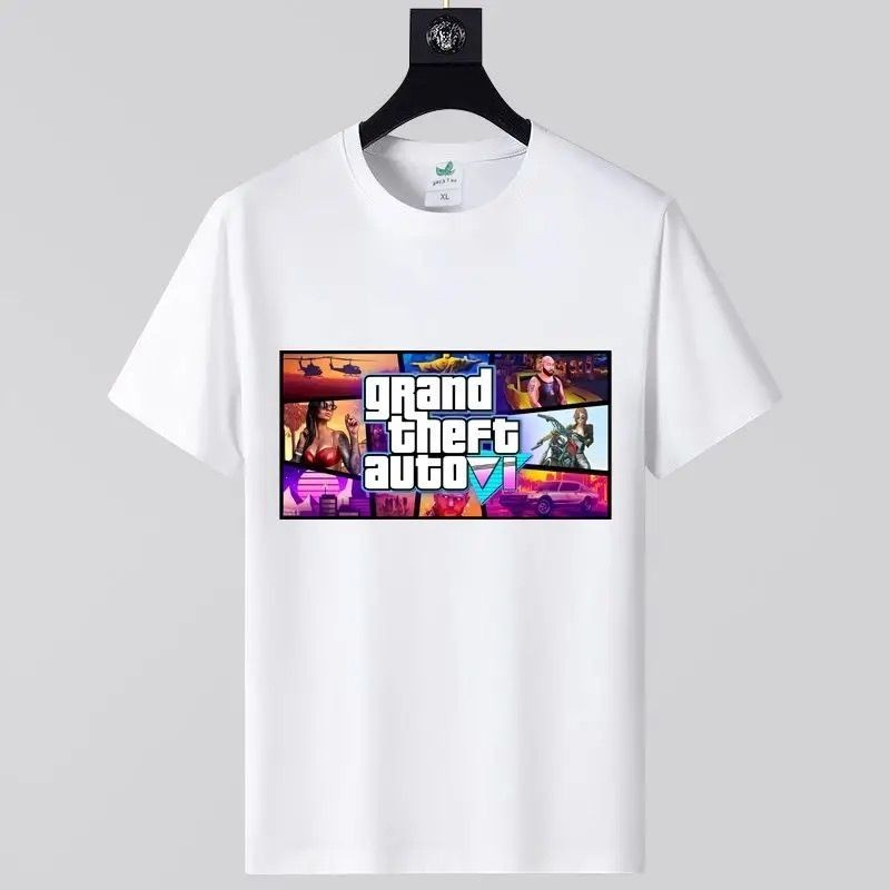 Merchandise Game Balap Mobil GTA6 Kaos Leher Bulat Lengan Pendek Cetak Longgar Unisex Atasan Santai