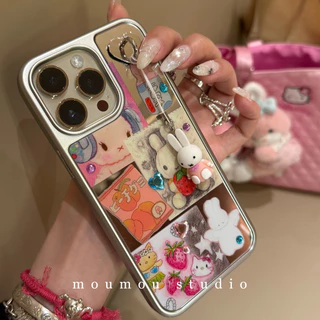 Huiwanju เปลือกไฟฟ้ากระจกกระต่ายเหมาะสําหรับ iPhone16promax เคสโทรศัพท์มือถือ 15pro เคสป้องกัน 1413 สาวเรียบง่าย 11