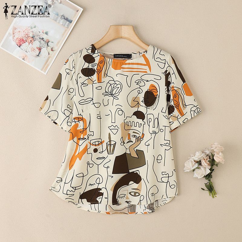 ZANZEA ซานเซีย ผู้หญิงแฟชั่นเกาหลีรอบคอกราฟฟิตีพิมพ์เสื้อแขนสั้น