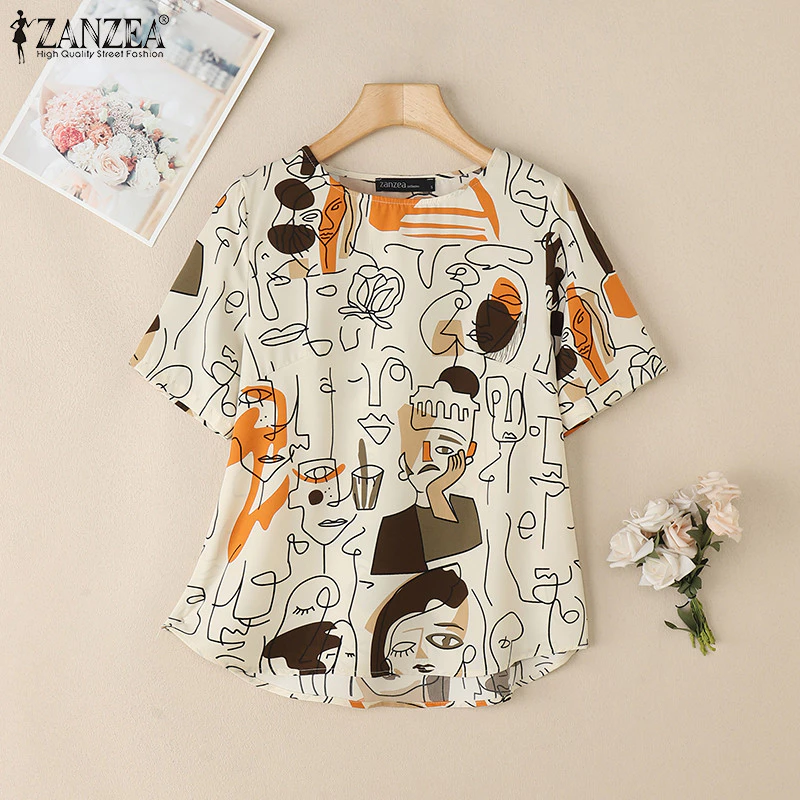 ZANZEA ซานเซีย ผู้หญิงแฟชั่นเกาหลีรอบคอกราฟฟิตีพิมพ์เสื้อแขนสั้น