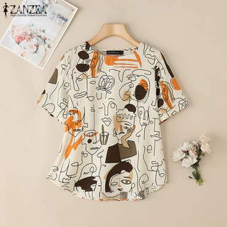 ZANZEA ซานเซีย ผู้หญิงแฟชั่นเกาหลีรอบคอกราฟฟิตีพิมพ์เสื้อแขนสั้น