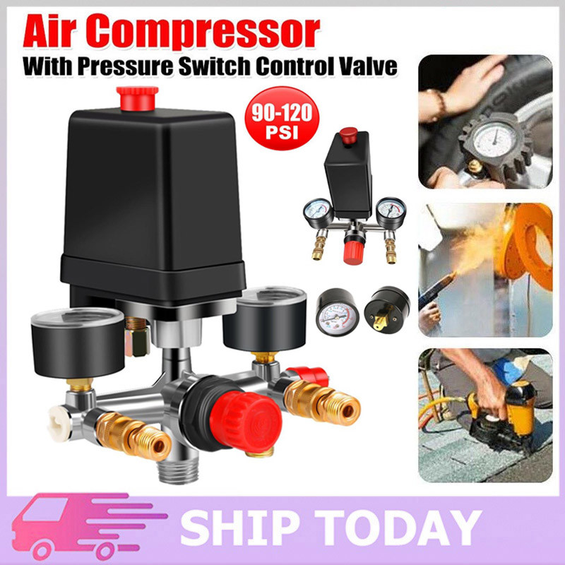 สวิตช์ออโต้ปั๊มลม เพรชเชอร์สวิตช์ เพรชเชอร์สวิทช์ปั๊มลม ออโต้ปั้มลม 90PSI -120PSI คอมเพรสเซอร์สวิตช์ควบคุมแรงดันวาวล์หลากชนิดเกจวัดควบคุม