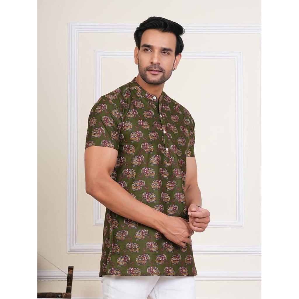 Jaipur Cotton Mens Elephant Short Kurta