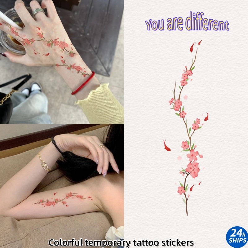 สติกเกอร์รอยสักปลอมชั่วคราว ลายสีชมพูพีชบลอสซั่ม กันน้ํา ติดทนนาน 7 วัน สําหรับมือและกลับ