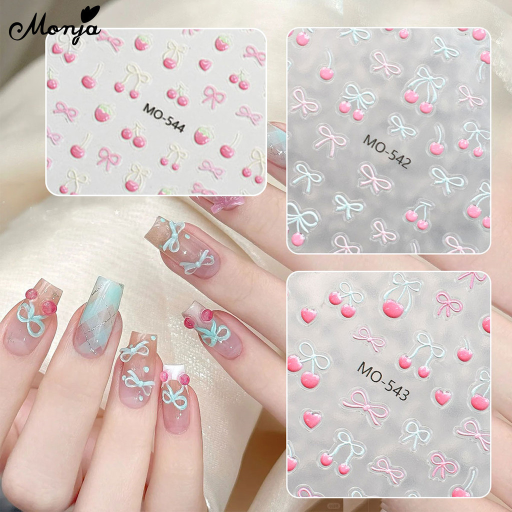 Monja เล็บสติกเกอร์นูน น่ารัก Cherry Bow น่ารักผลไม้ Decals บรรเทา กาว Sliders แกะสลัก ตกแต่งเล็บ ราคา ถูกที่สุด ดีลบีเคเค