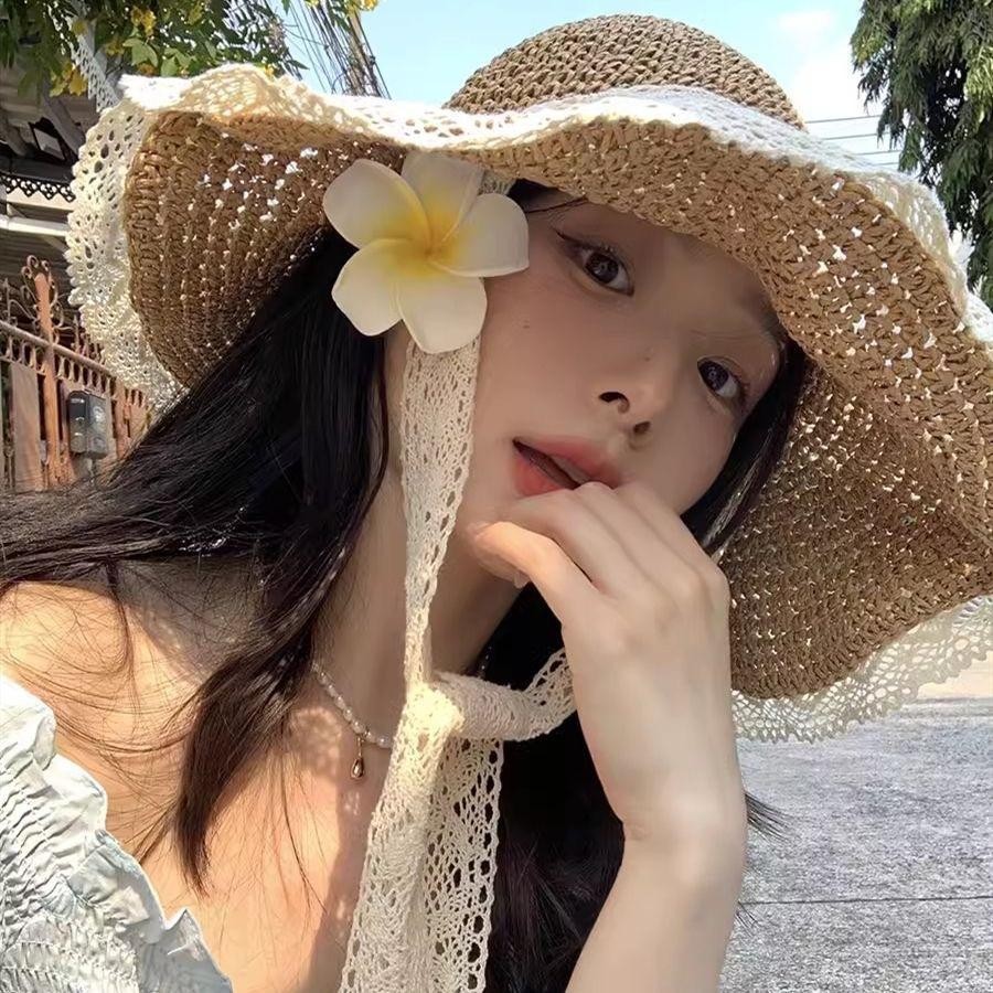 GlitzSiam หมวก👒หมวกฟางลูกไม้👒หมวกฟางทรงกลวง💖ทอด้วยมือ การป้องกันแสงแดด หวานและน่ารัก พร้อมส่งในไทย - รูปที่ 4