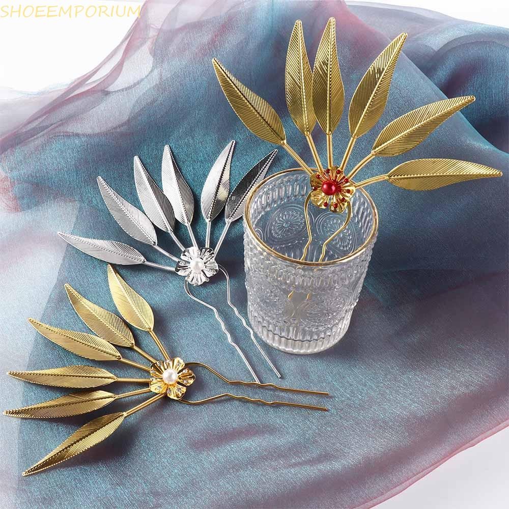 SHOEEMPORIUM ผมโลหะ Sticks ผู้หญิงคลาสสิกโบราณ Hanfu Headwear Leaf ดอกไม้สาวอุปกรณ์เสริมผมสไตล์โบราณ Headwear