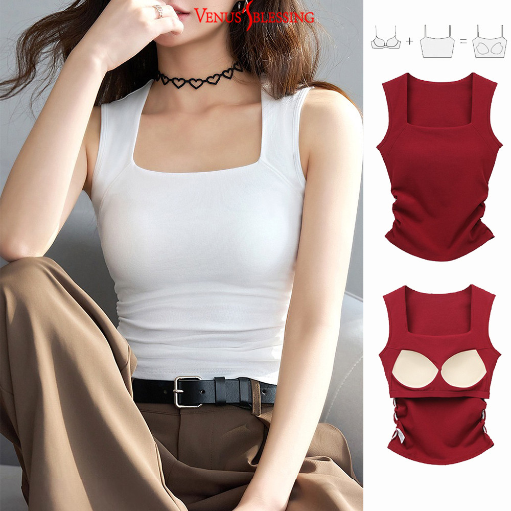 ( Ready Stock ) 2-in-1 95% ผ้าฝ้ายแท้สายสะพายไหล่กว้างเสื้อกล้ามสีขาวผู้หญิงมีแผ่นรองหน้าอกเสื้อแขนกุดริ้วรอย