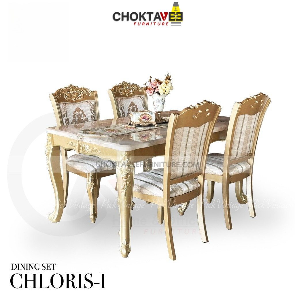 ชุดโต๊ะอาหาร 4P. 150cm. (ท็อปหิน) วินเทจ หลุยส์ สีทอง (Platinum Classic Sr.) รุ่น SET-TTB-LV CHLORIS