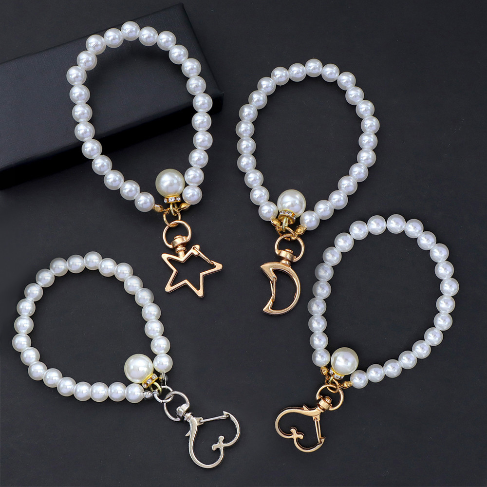 อินเทรนด์ Star Moon พวงกุญแจรูปหัวใจ Faux Pearl Chain โทรศัพท์ Lanyard พวงกุญแจกระเป๋าถือจี้เครื่องประดับ