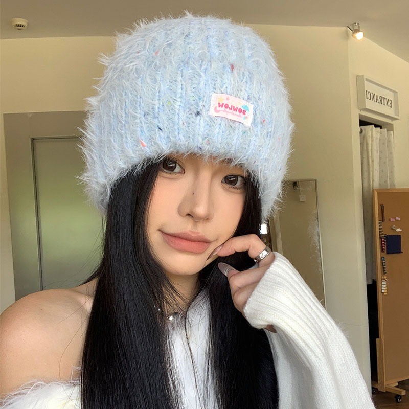 เกาหลีถักหมวกผู้หญิงฤดูใบไม้ร่วงฤดูหนาวหมวกทําด้วยผ้าขนสัตว์ที่อบอุ่นป้องกันหูหมวก