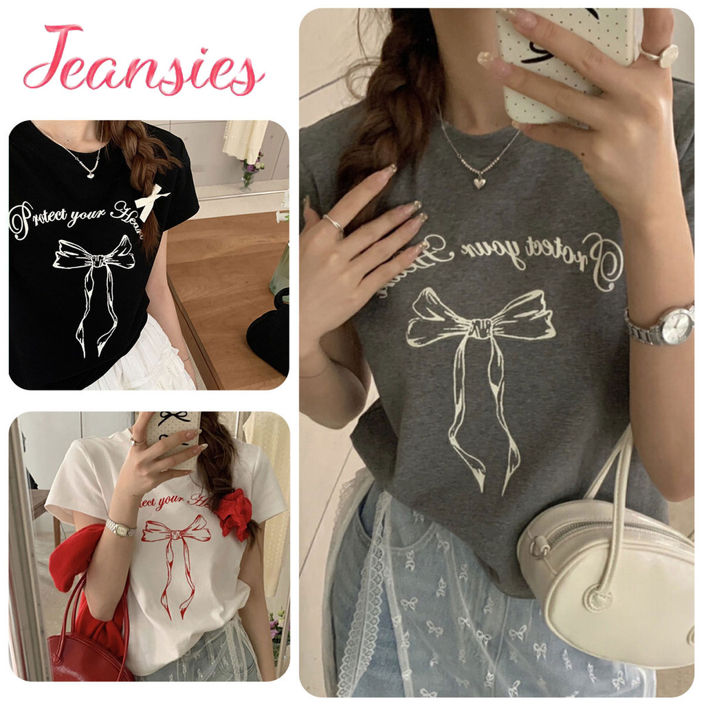 เสื้อยืดแขนสั้นเกาหลีใหม่ล่าสุด มีลายตัวอักษรและโบว์ตกแต่ง