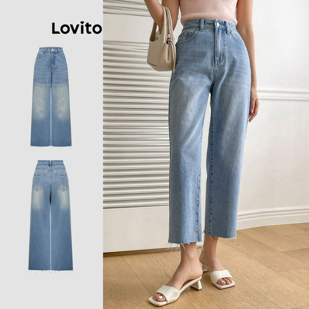 Lovito กางเกงยีนส์ผู้หญิง สีพื้น แต่งลายหมวดแมว สไตล์ลำลอง L91AD279