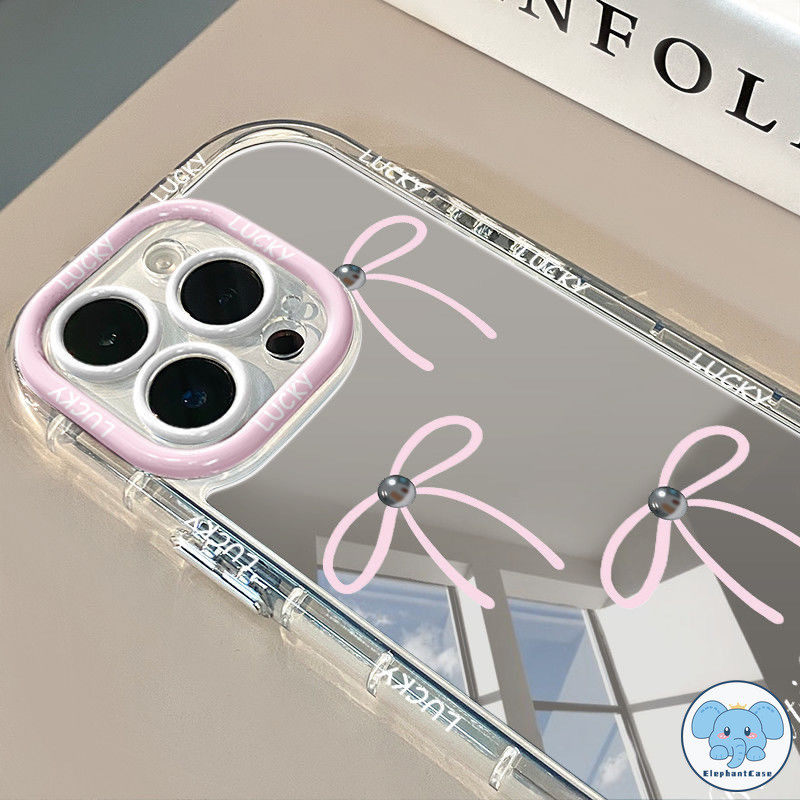 โบว์สีชมพูหวานเข้ากันได้เคสไอโฟน 16 13 11 15 XR 14 12 Pro Max 16 Pro 16 8 7 Plus X XS Max SE โบว์แฟชั่นกระจกแต่งหน้าเคส