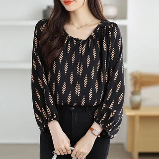 ในสต็อก Graceful Womens Long Puff Sleeve Round Neck Chiffon Top Loose Fit Ideal for Work หรือ Casual Wear