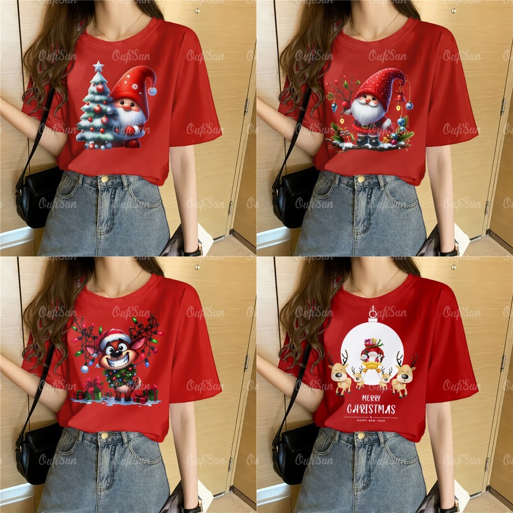 2568 คริสต์มาสเสื้อผู้หญิงเสื้อสีแดง ไม่จํากัดเพศ ขนาดใหญ่เสื้อผ้าคริสต์มาสสบายคริสต์มาสสีแดงเสื้อผู้หญิงเสื้อยืด