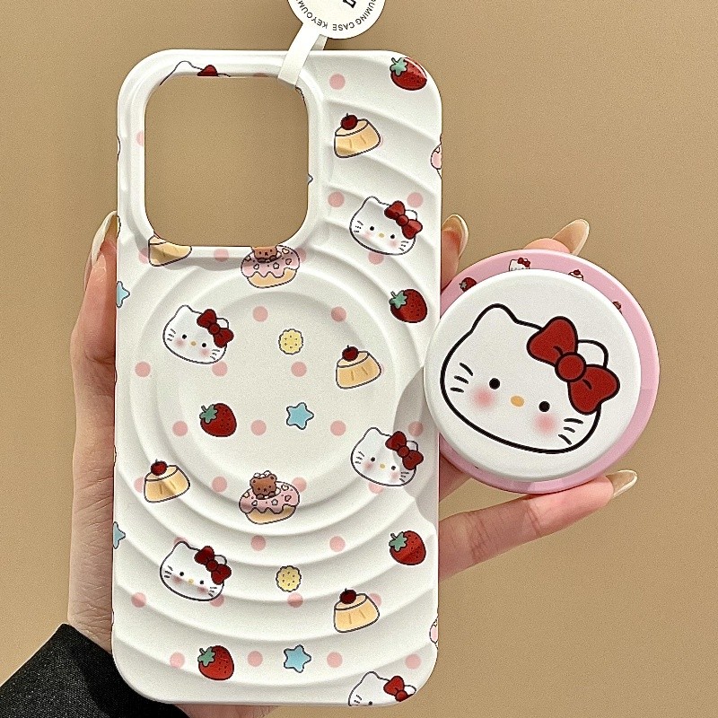 น่ารักสตรอเบอร์รี่ KT Cat วงเล็บแม่เหล็กโทรศัพท์มือถือสําหรับ iPhone16 15 14 13 Pro Max กันกระแทกกล้องป้องกัน Drop-proof Hard ฝาหลัง