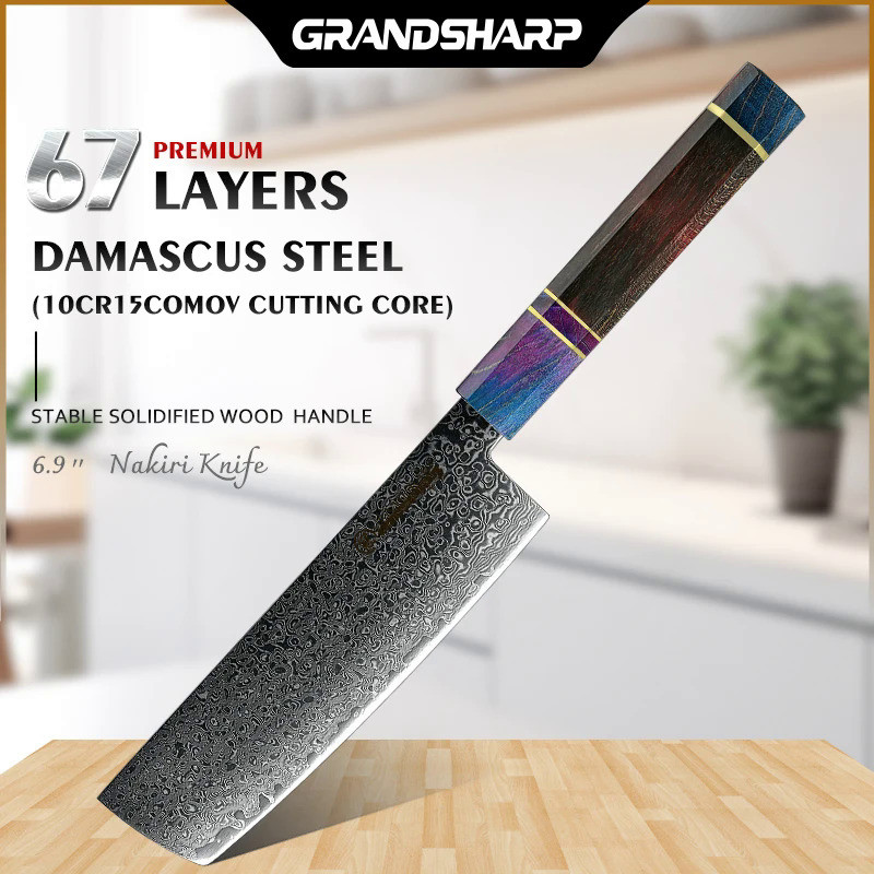 Grandsharp 7 Inch Nakiri Knife AUS10 Japanese Damascus Kitchen Chef Knife Meat Cleaver Fish Sushi Ve